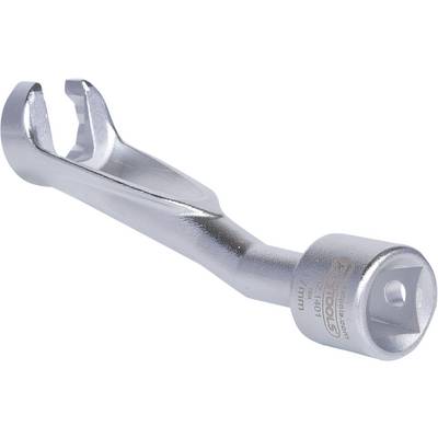 Metal open-ended spanner with square drive connection for socket inserts, silver-coloured.