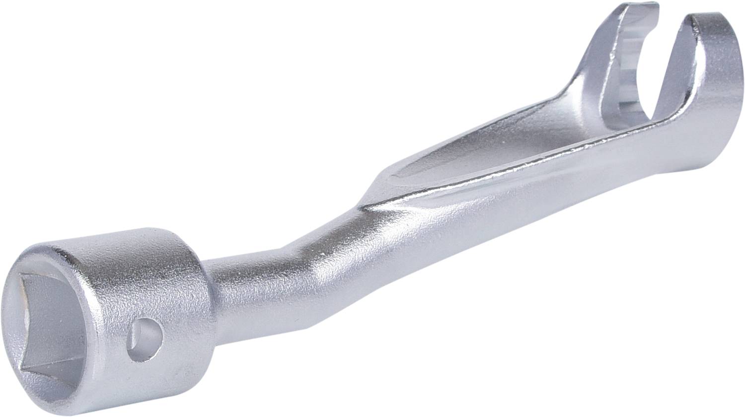 A silver-coloured double-ended spanner with an open-ended socket on one side and an open jaw on the other side.