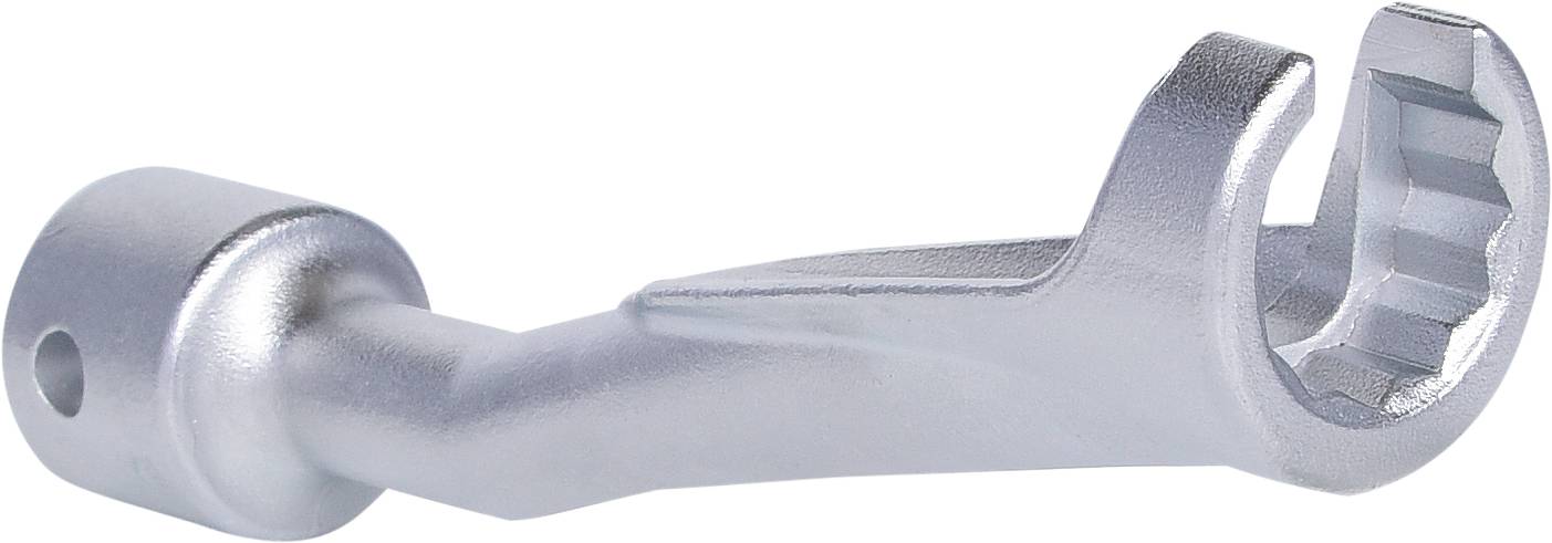 A galvanised, silver tool component with an angled head, likely serving as part of a socket wrench or ratchet mechanism.