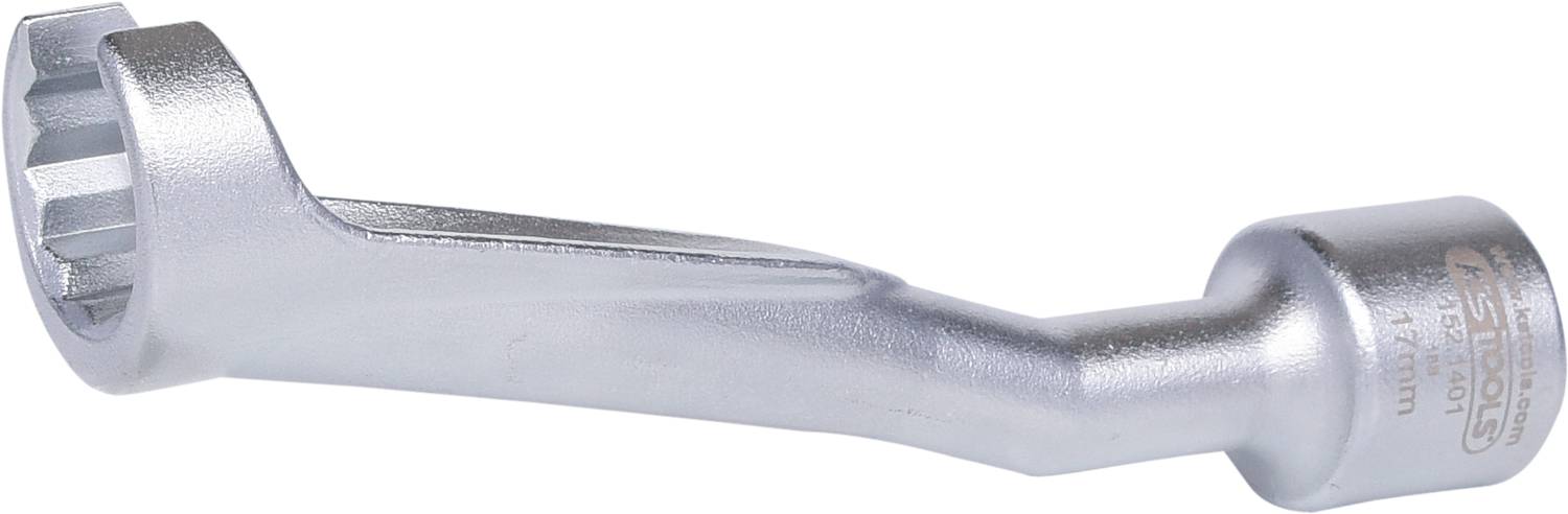 A double-sided ring spanner made of metal, typically used for loosening and tightening screws and nuts.