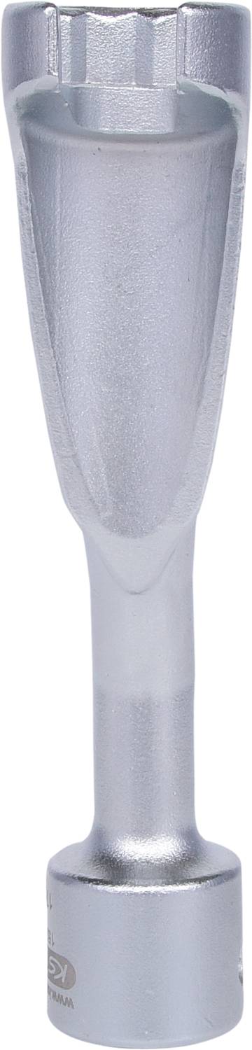 A silver, cylindrical metal tool attachment, probably a socket, with a hexagonal end.