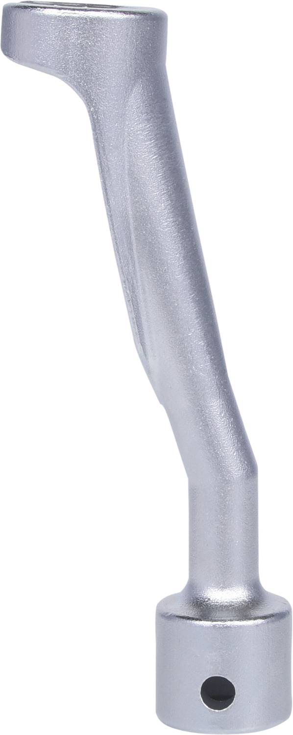 Metal lever arm with a hole at the lower end, silver-coloured surface, slightly curved design, potentially for mechanical engineering applications.