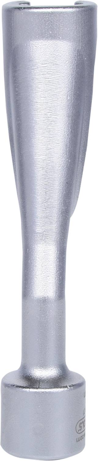 A silver extension piece for socket sets in portrait orientation. Made of metal, smooth, with a wider base.