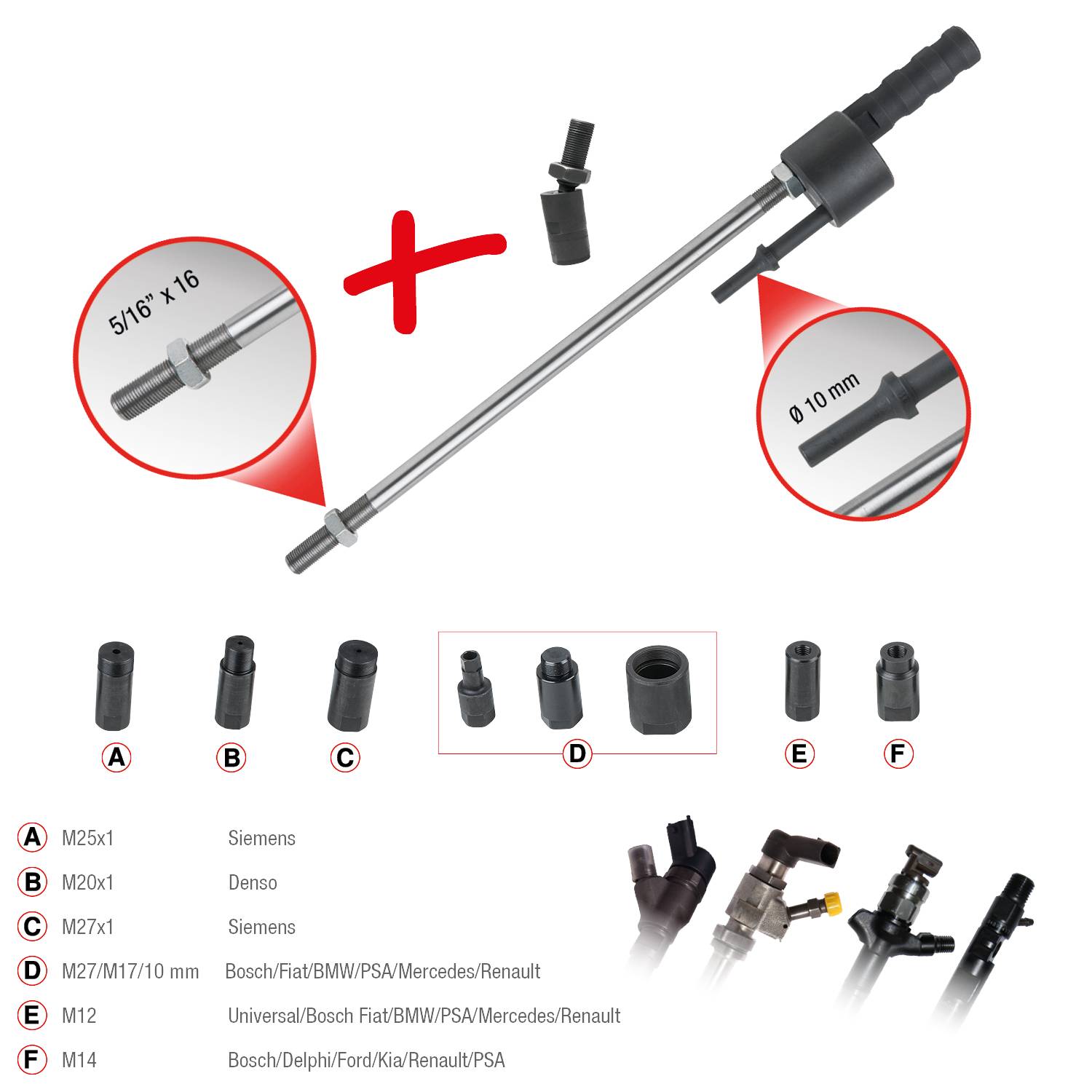 'Ignition Coil Removal Tool Set. Contains various adapters (A-F) for Siemens, Bosch, Fiat, BMW, PSA, Mercedes, Renault, Ford, Kia.'