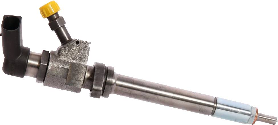 Metal fuel injection nozzle with a yellow cap on top and an angled connecting piece.