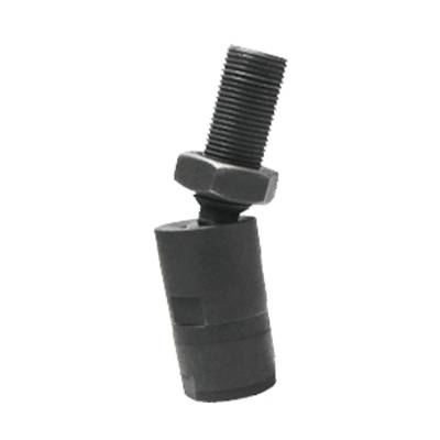 Black, cylindrical machine component with visible threaded bolt and hexagonal nut, slightly angled in position.