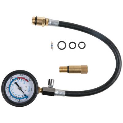 Blood pressure monitor with manometer, tube, adapter and sealing rings. Measurement display in bar and PSI, used for pressure monitoring.