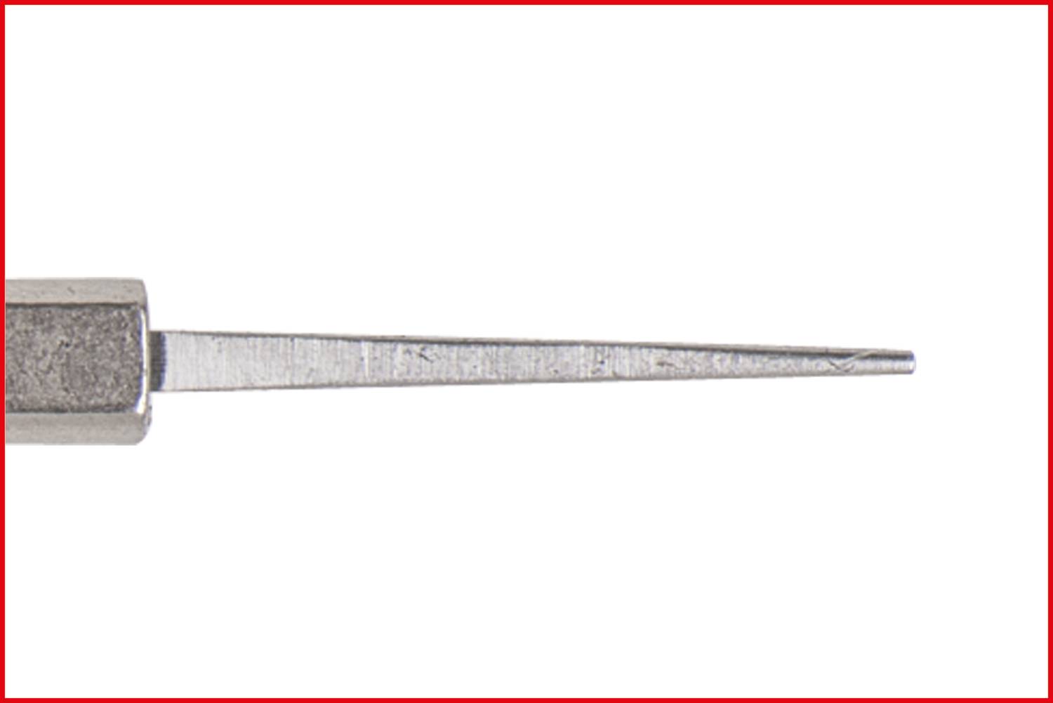 Close-up of a metal file with a red frame. The tip of the file points to the right and tapers to a sharp point.