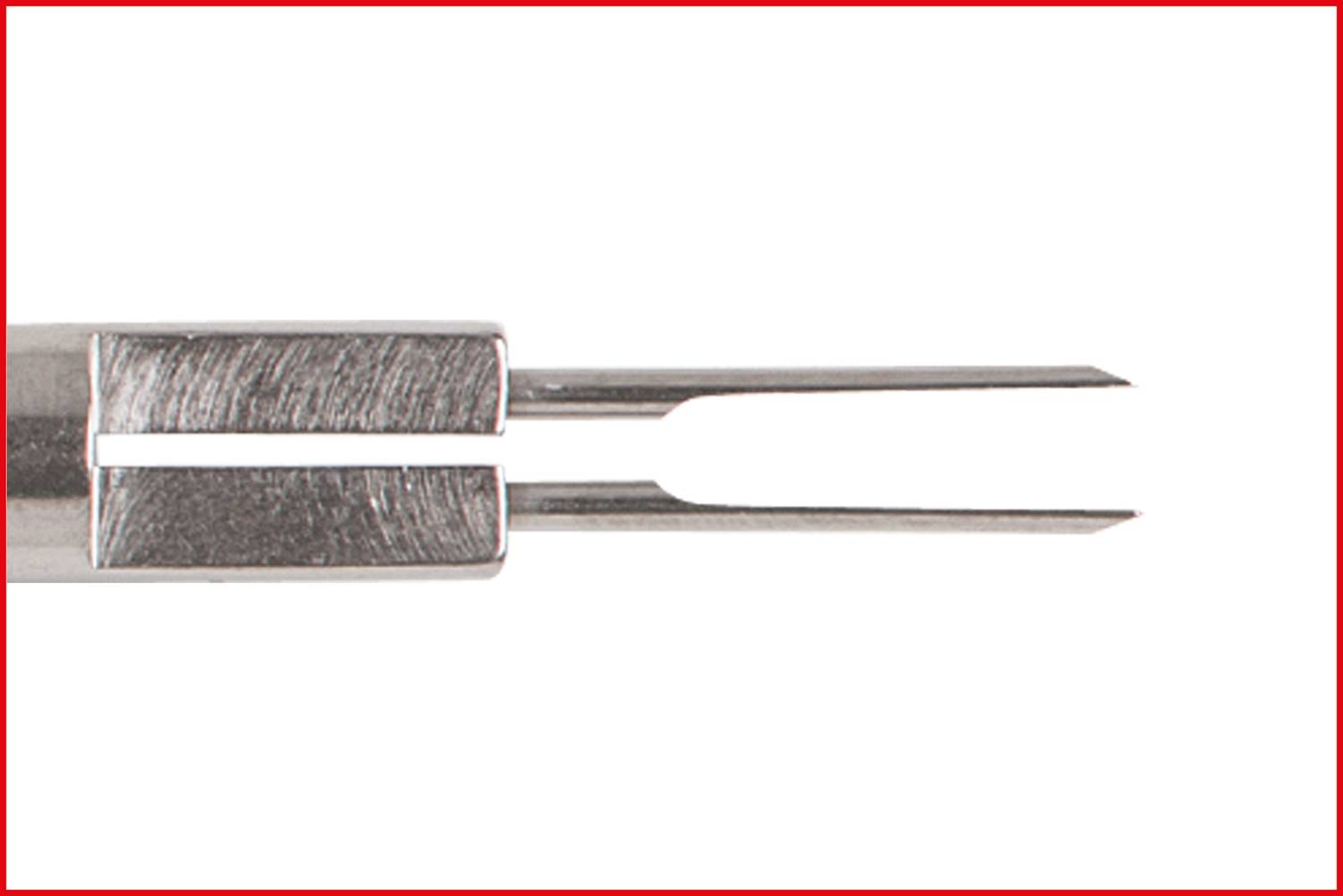 A metal tool with two sharp prongs, similar to tweezers, on a white background with a red border.
