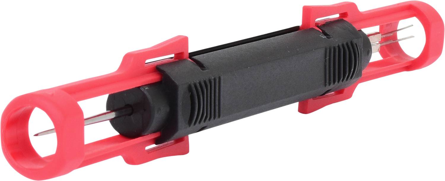 A red, elongated plastic handle with two protruding metal needles at the ends, likely a tweezers or gripping tool.