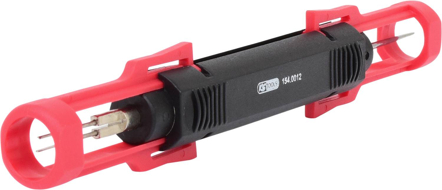 A double-ended tool with a red and black handle, used for removing wire contacts from connector housings.
