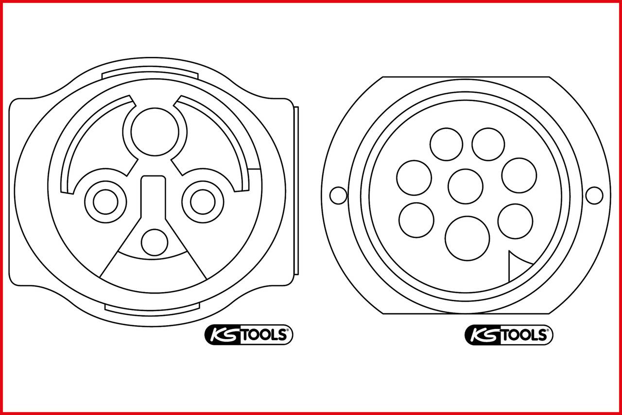 'Two technical drawings of power sockets with the KS Tools brand logo.'