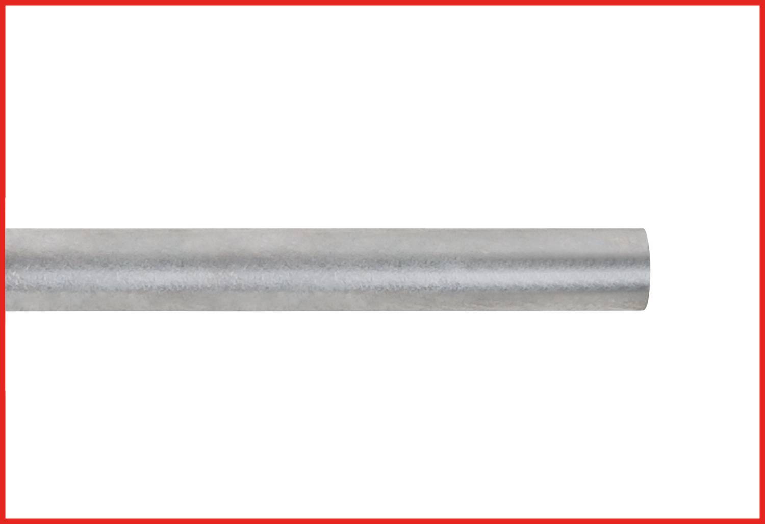 Silver metal tube horizontally positioned against a white background, framed by a thin red border.