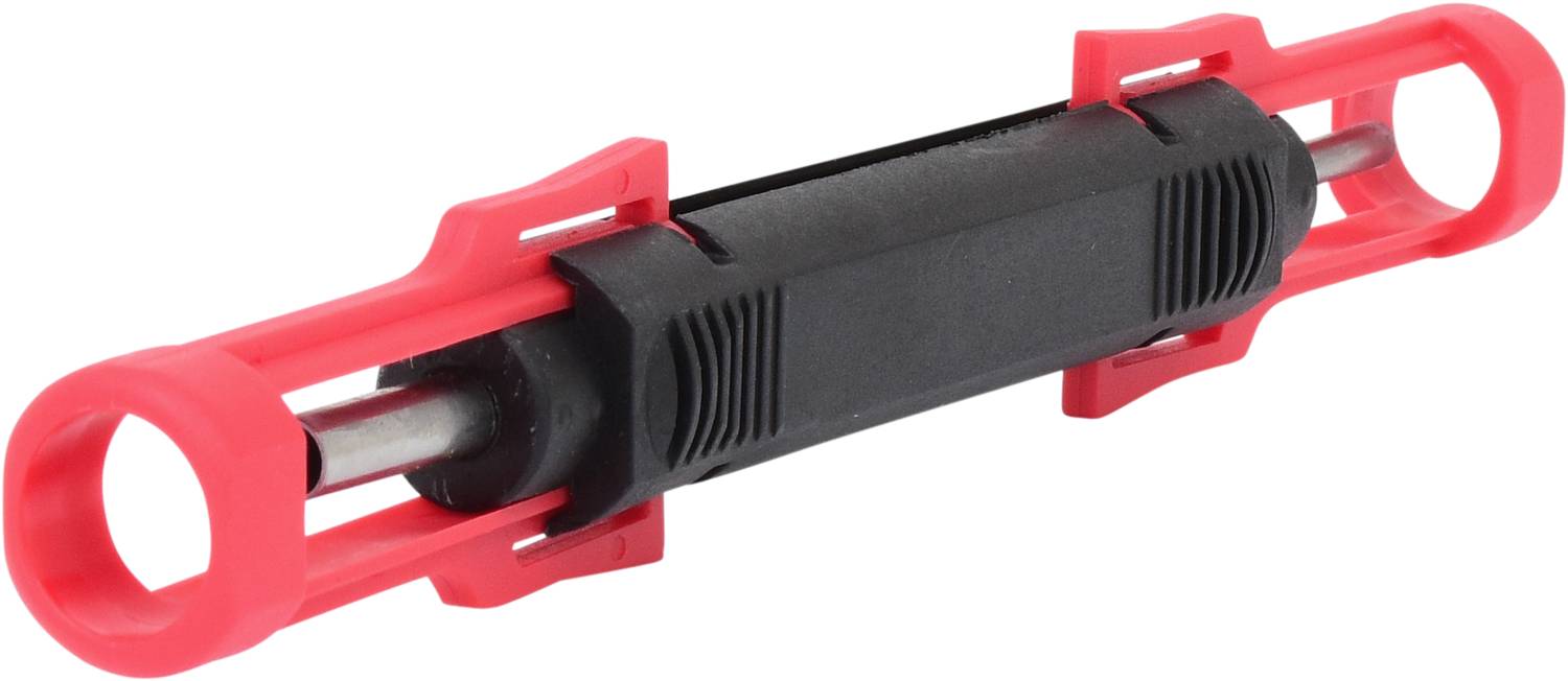 A black inline fuse holder with a red plastic frame, suitable for circuit protection in electrical applications.