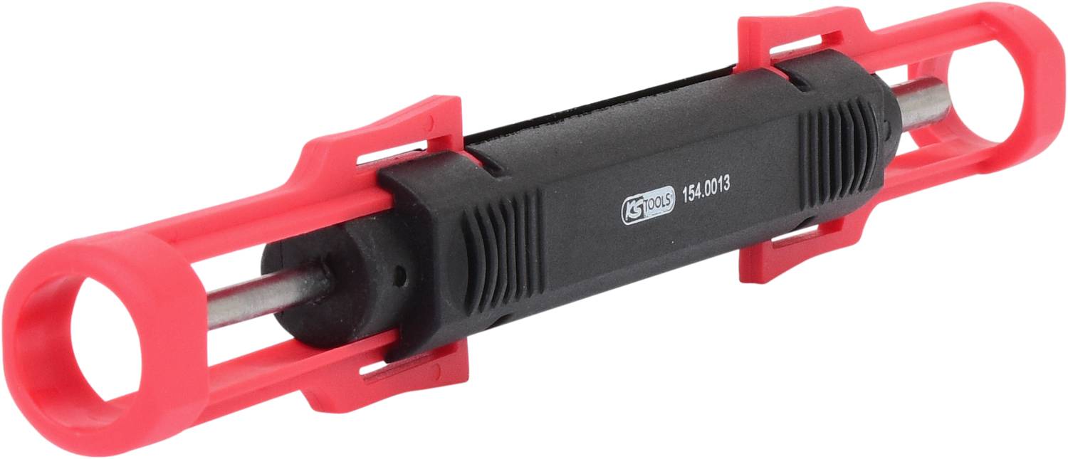 A black and red inline skate axle key with two round ends and a handle in the middle, suitable for maintaining roller skates.