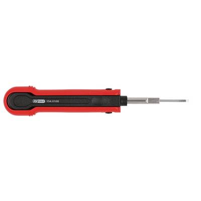 A red screwdriver with a black handle lies horizontally. The blade is flat and narrow. Pictured individually against a white background.