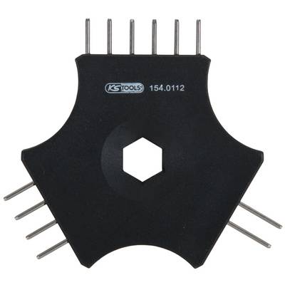A black tool with an octagonal hole in the centre and protruding pins, likely for fastening or adjusting.