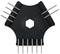 A black plastic tool with several metal pins protruding from it. It has a hexagonal recess in the centre.