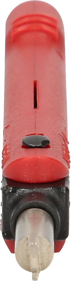 A red, elongated plastic object with a metal tip and a black button, presumably a tool.