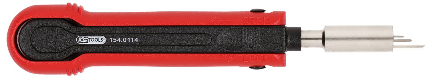 A red screwdriver with a black handle and metal tip, lying down. The tool is designed to be compact and robust.