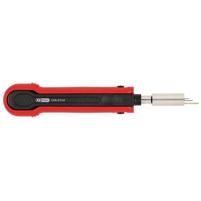 A red screwdriver with a black handle and metal tip, lying down. The tool is designed to be compact and robust.