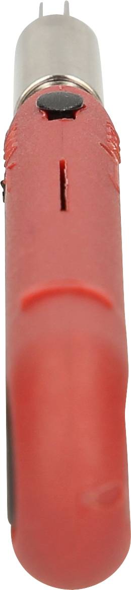 A red lighter, viewed from below, with a metal tip and a black button on top.