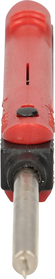 Close-up of a red and black tool, possibly a soldering iron, with a metallic tip.