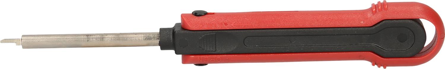 A red soldering iron with a black handle, lying on its side, shows the metal tip area.
