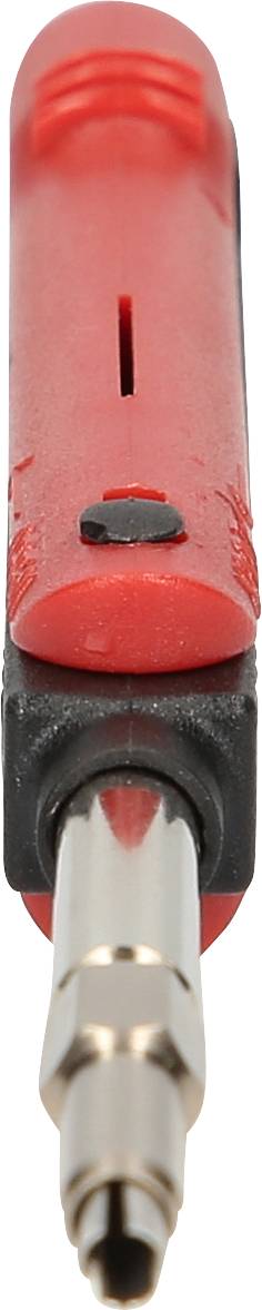 Close-up of a red electrical plug with a metal tip being inserted into a socket.