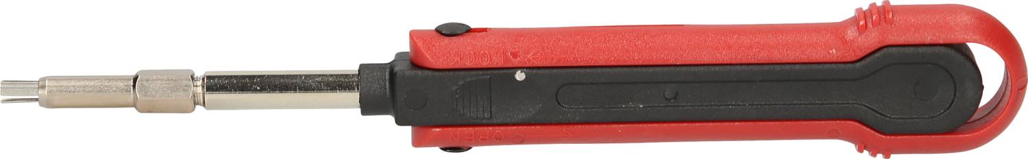 A red and black screwdriver with interchangeable bits that can be inserted at the front. The handle has an ergonomic design.