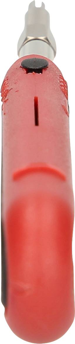 A red tool with a metal tip, likely a screwdriver, viewed from a side profile.