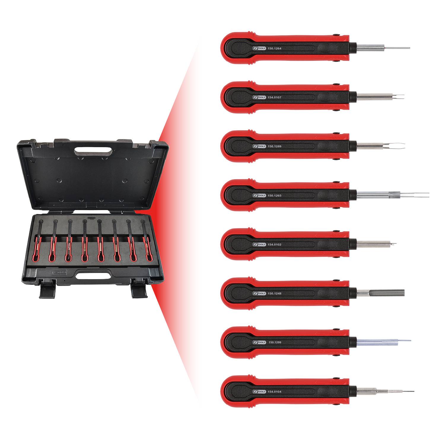 Toolbox with nine red extraction tools with different tips for electrical work, neatly arranged and ready for use.
