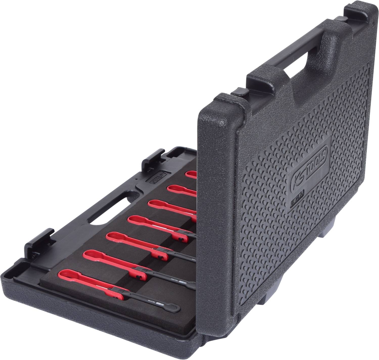 An open toolbox containing six red screwdrivers of various sizes, neatly arranged in pre-formed holders.