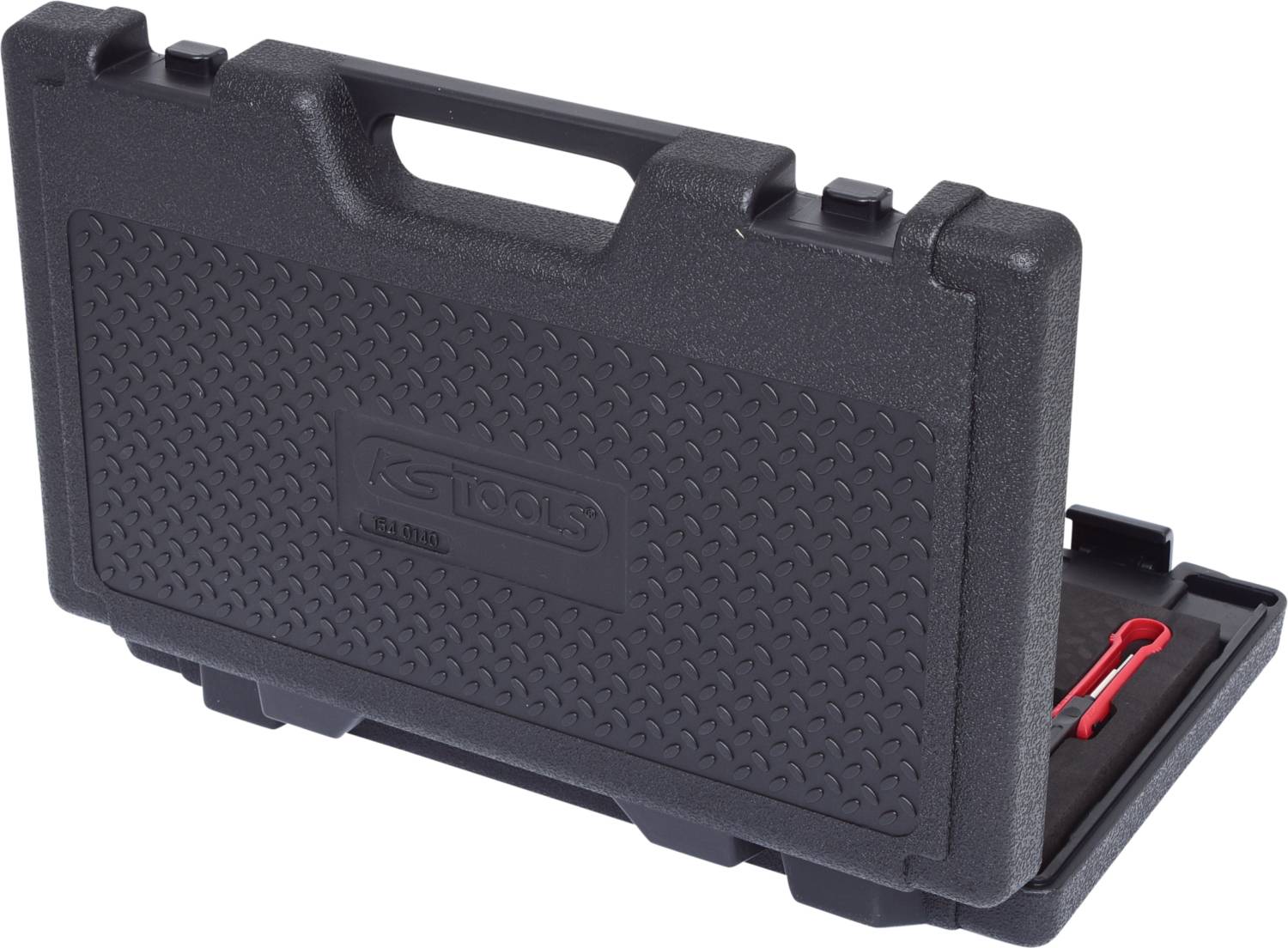 Black tool case with embossed logo and red tools inside.