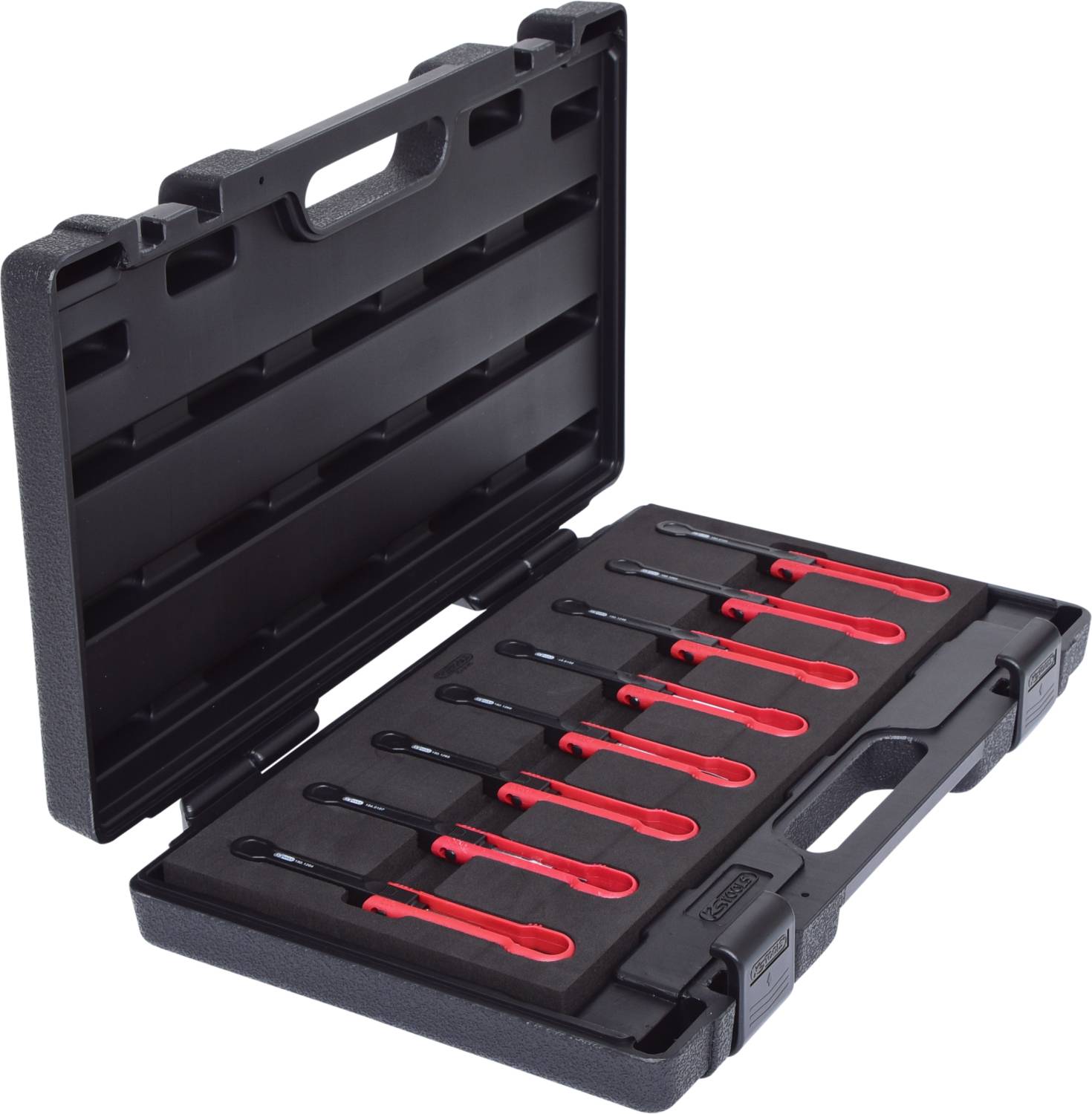 Black tool case with open lid, containing red spanners in various sizes.