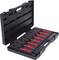 Black tool case with open lid, containing red spanners in various sizes.