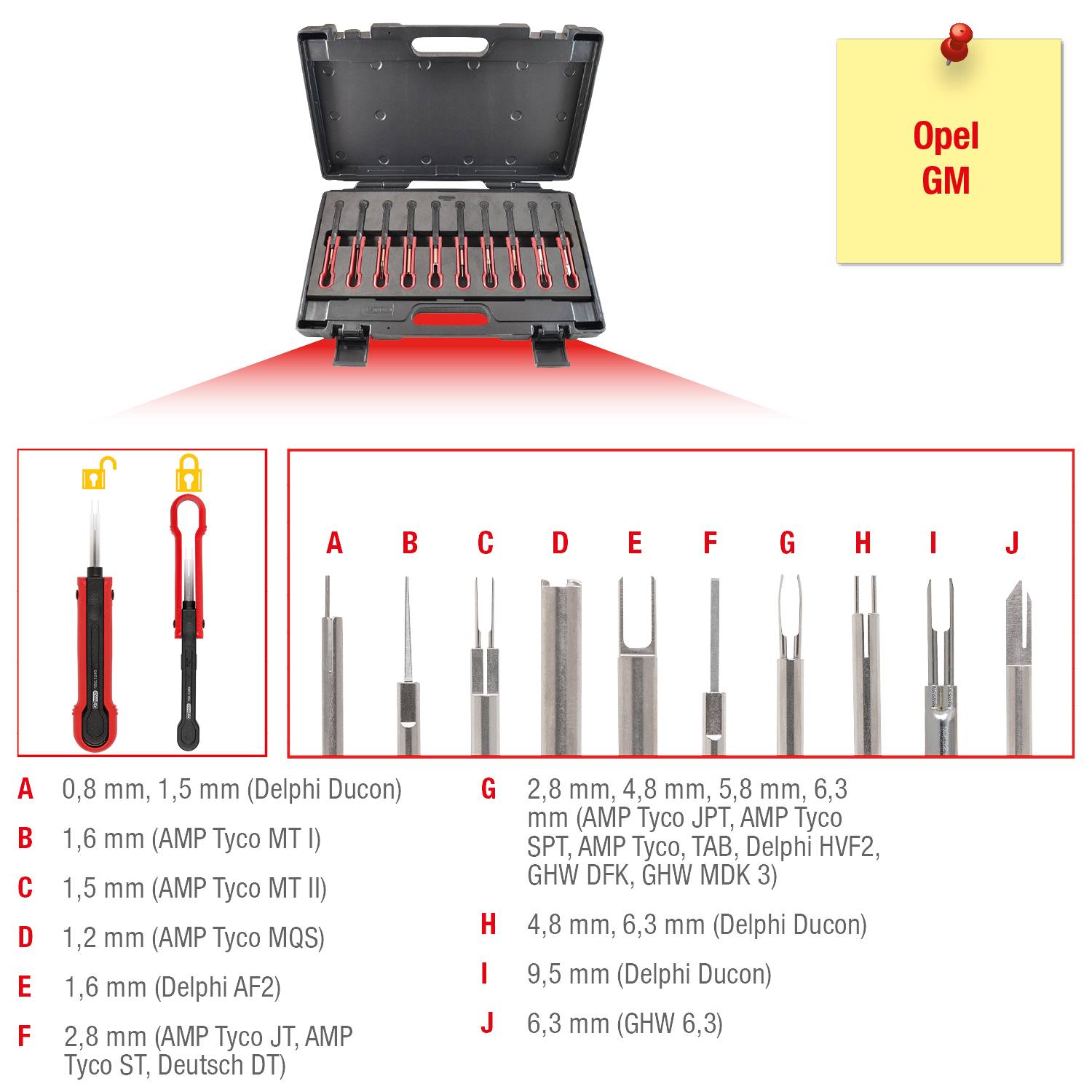 Tool kit with various connector pins for repairing Opel-GM vehicles. Each pin has specific size specifications.