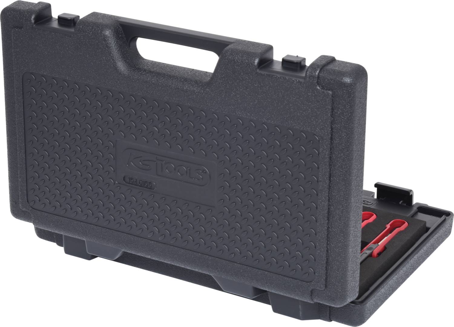 Black plastic toolcase with carry handle, partially open, showing red tools inside.