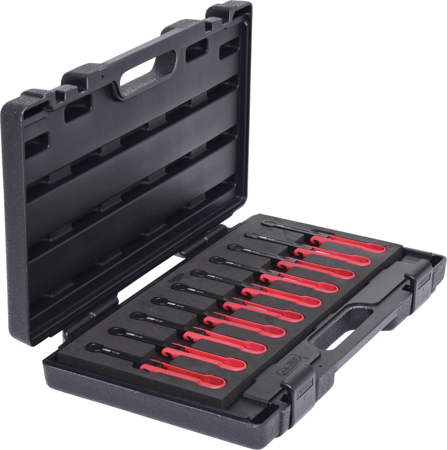 'Black toolbox with open lid, displaying a set of metal hooks with red handles in various sizes.'