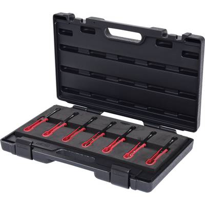 A black open toolbox with six red tool holders, arranged in two rows. The case has a carrying handle.