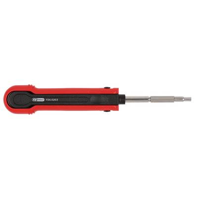 Red torque wrench with silver metallic end, suitable for precise tightening of bolts in technical applications.