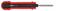 Red, retractable knife handle with a black sliding mechanism and silver blade, lying on a white background.