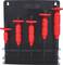Five red hexagonal screwdriver holders in various sizes on a black holder board, suitable for tool organisation in workshops.