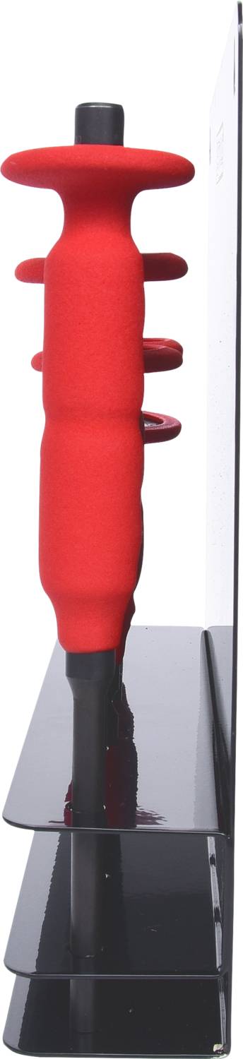 Red, ergonomic safety grab rail with handle, vertically mounted on a black base, presumably intended for support or security purposes.