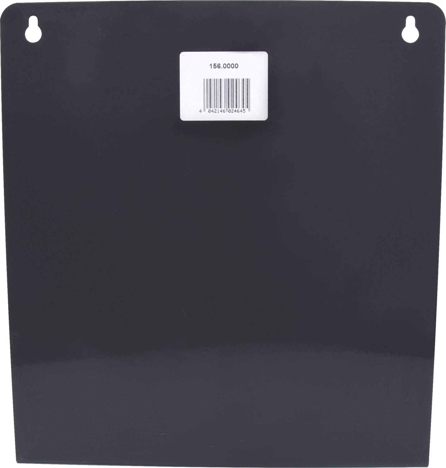 Black rectangular plastic sign with two rounded upper corners, hook holes and a barcode label at the top centre.