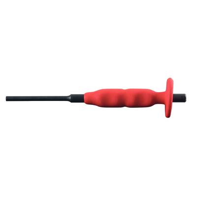 A red screwdriver with an ergonomic handle and protective cap. The key feature is the red, textured grip for improved handling.
