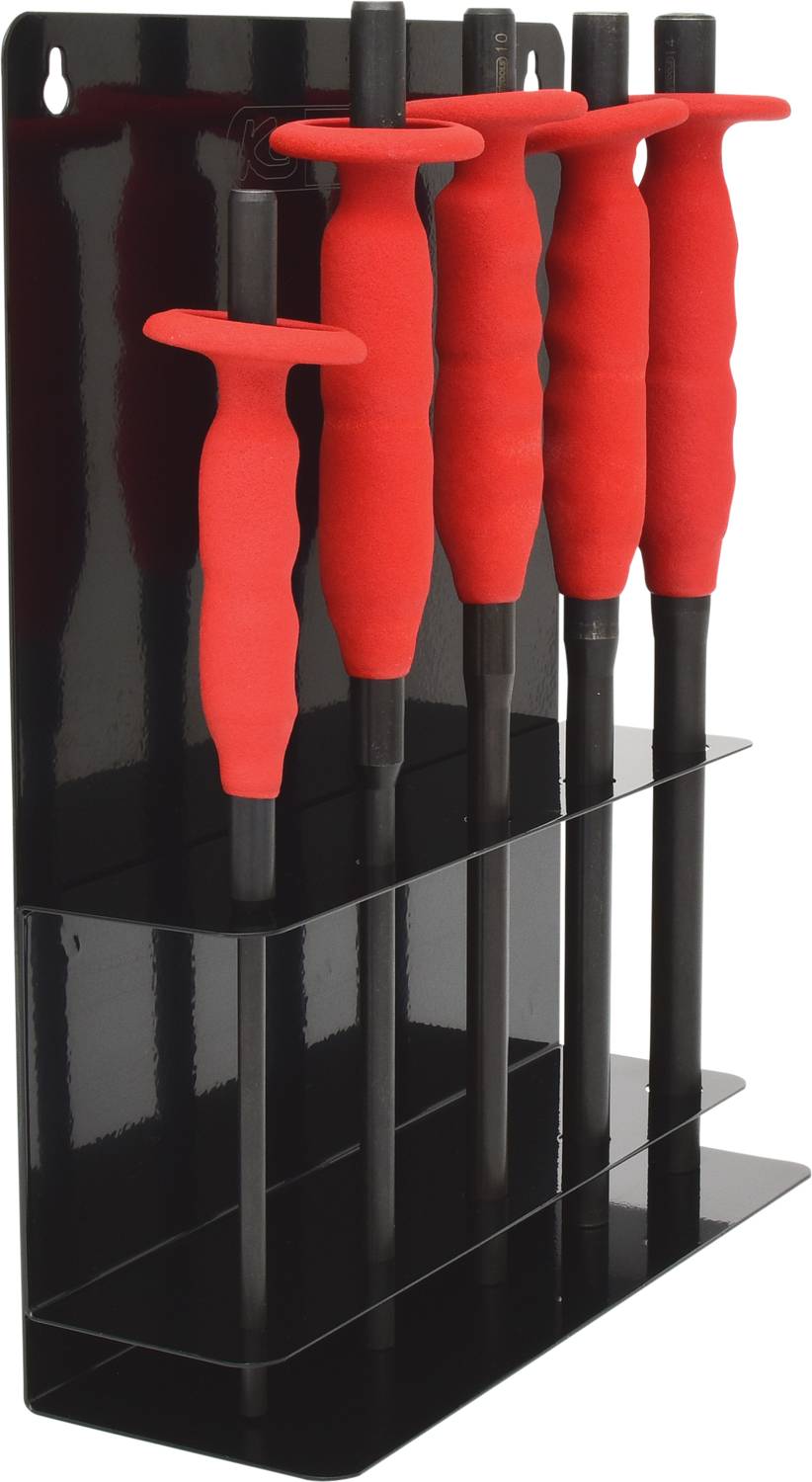 Five red screwdrivers with non-slip handles in a black wall mount.