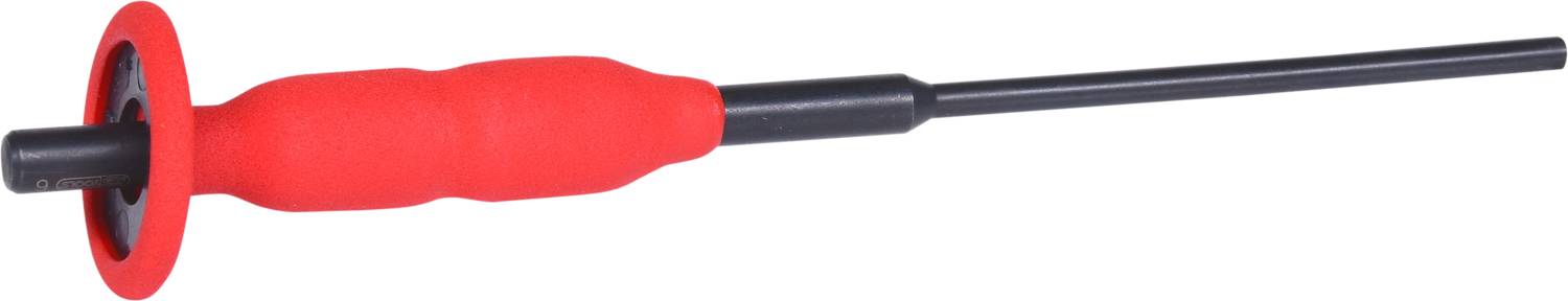 Electrical test probe with red insulated coating and black shaft, used for electronic measuring instruments.