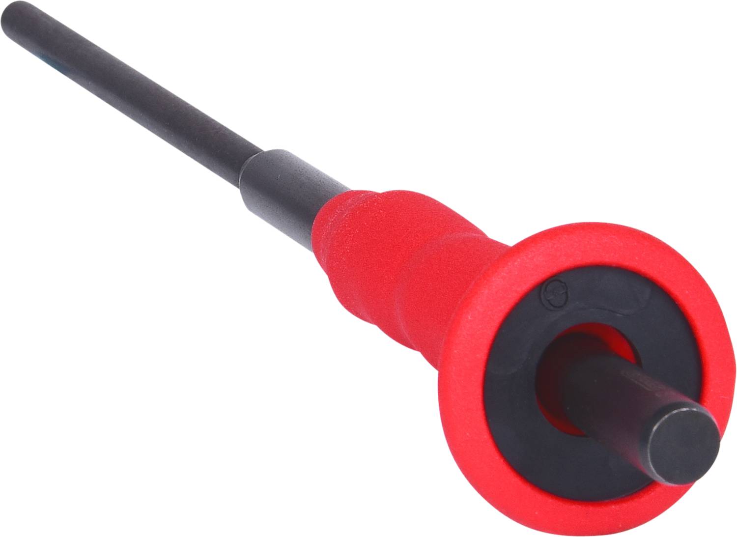 Red device plug with black cable, insulated, for transmitting electrical signals.