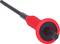 Red device plug with black cable, insulated, for transmitting electrical signals.